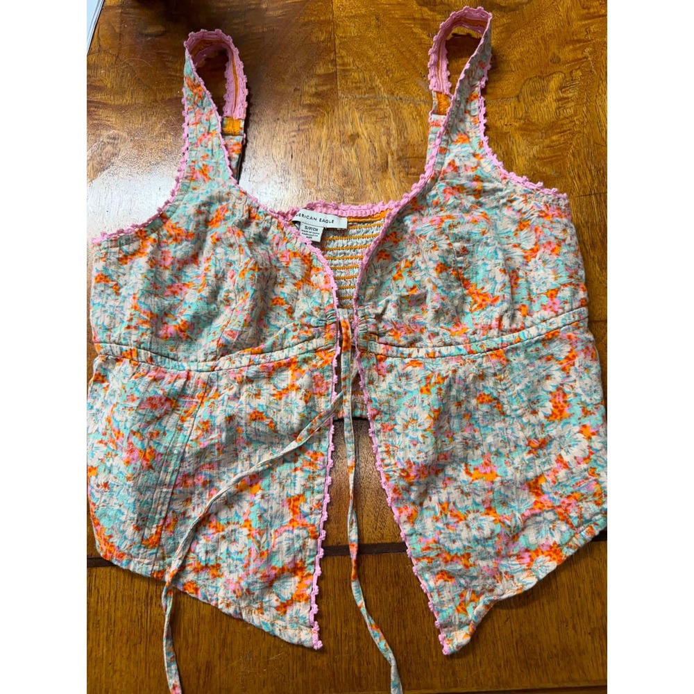 Vtg 90s American Eagle Floral Tie Front Cami Top Small Cotton Linen Smocked Pink